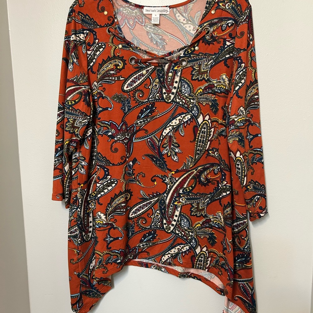 NEW YORK LAUNDRY Women’s Blouse Top Paisley Rust Hippie Boho XL Tunic Career